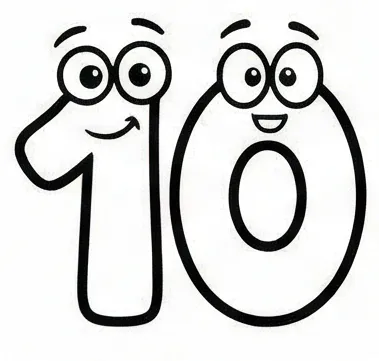a number 10 with eyes and a face drawn in black ink.webp